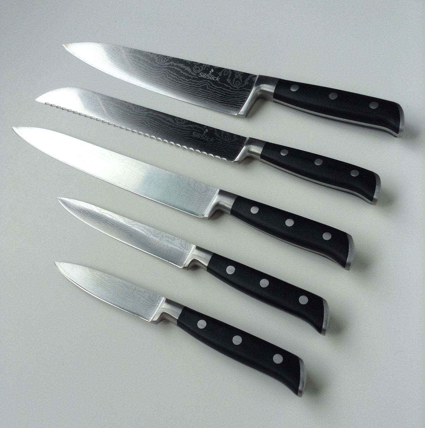 Damascus Laser Etched Full Tang 5 Piece Knife Set