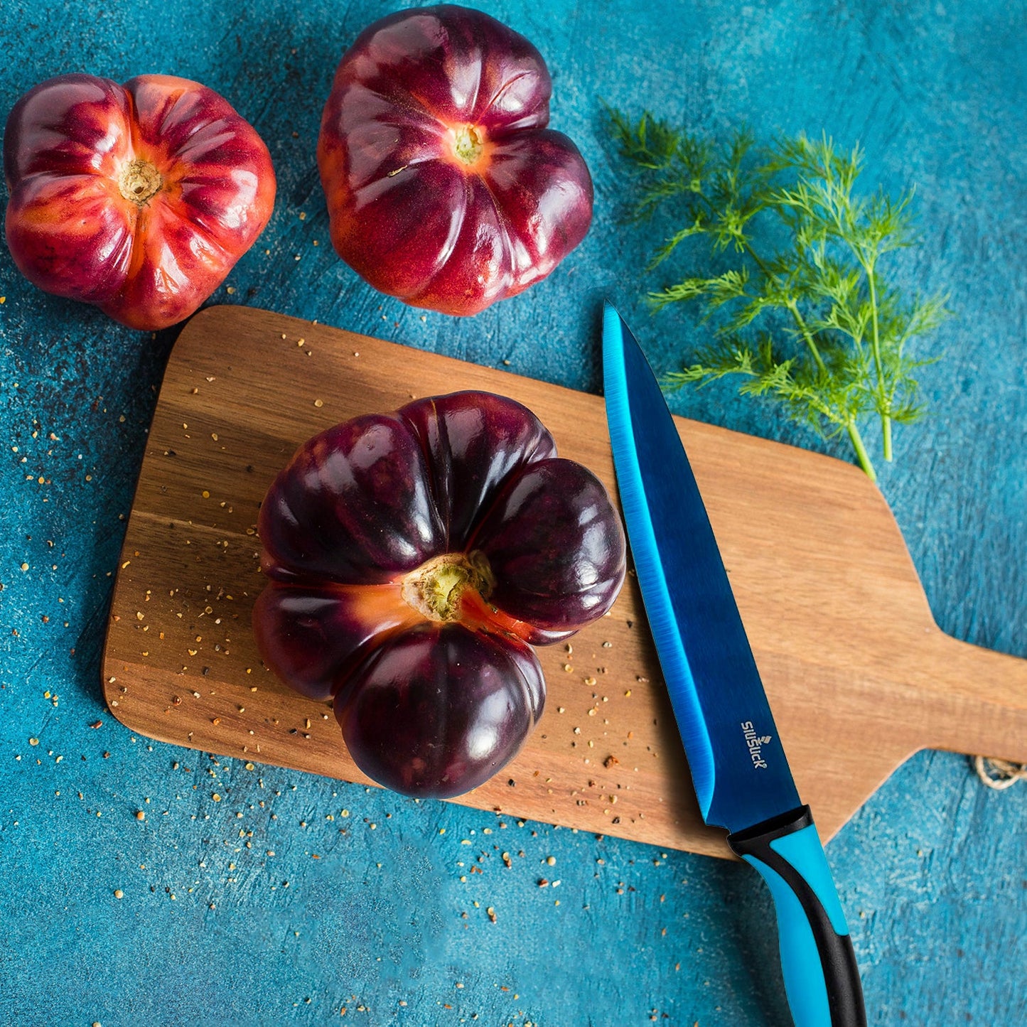 Kitchen Knife Set Kit | Blue Handle, Blue Blade & Black Magnetic Rack