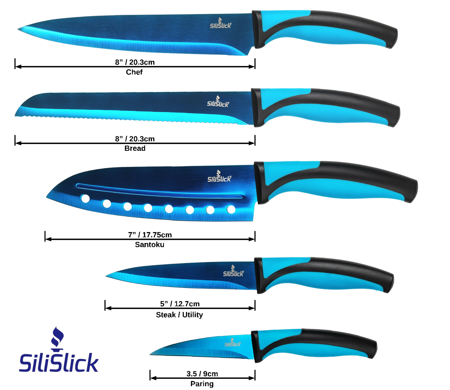 Kitchen Knife Set Kit | Blue Handle, Blue Blade & Black Magnetic Rack