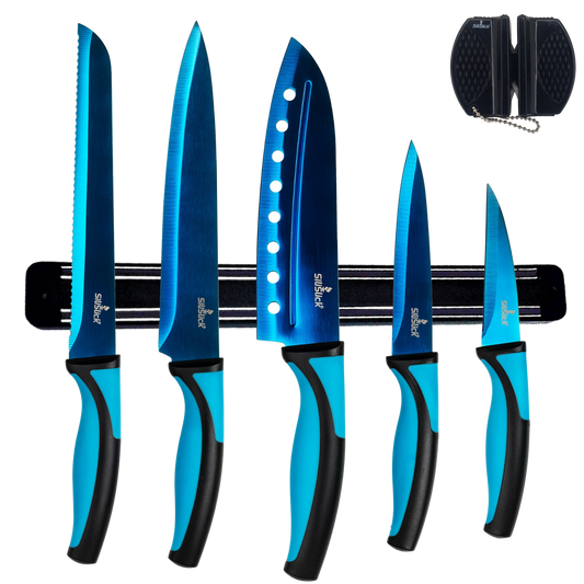 Kitchen Knife Set Kit | Blue Handle, Blue Blade & Black Magnetic Rack